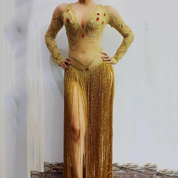 Gold Rhinestones Long Fringed Dress