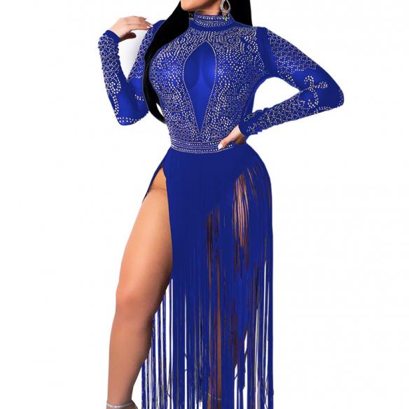 Red Sequin Fringe See Through Dance Dress