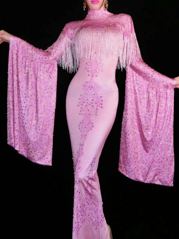 Pink Fringe Long Sleeve Dress