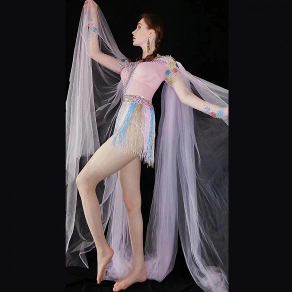 Pink Rhinestones Bodysuit With Colorful Tassel