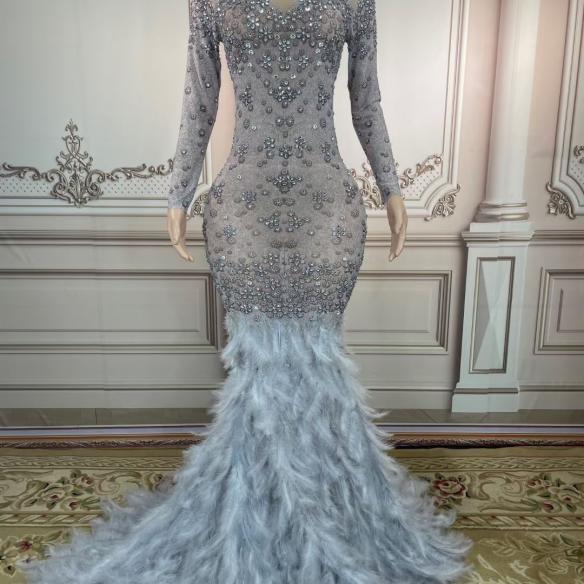 Grey Feather With Rhinestone Dress