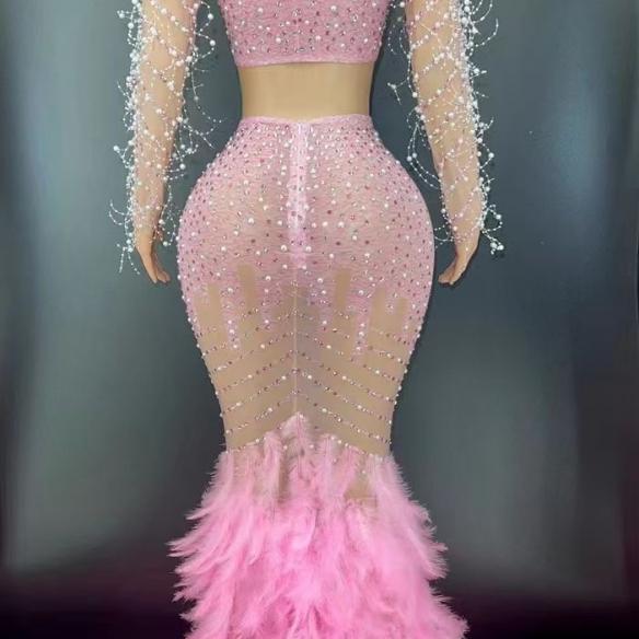 Customize Color Fringed Feather Long Dress