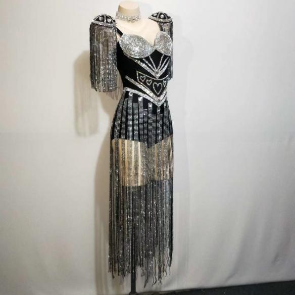 Black Sequin Crystallized Shoulder Pad Bodysuit