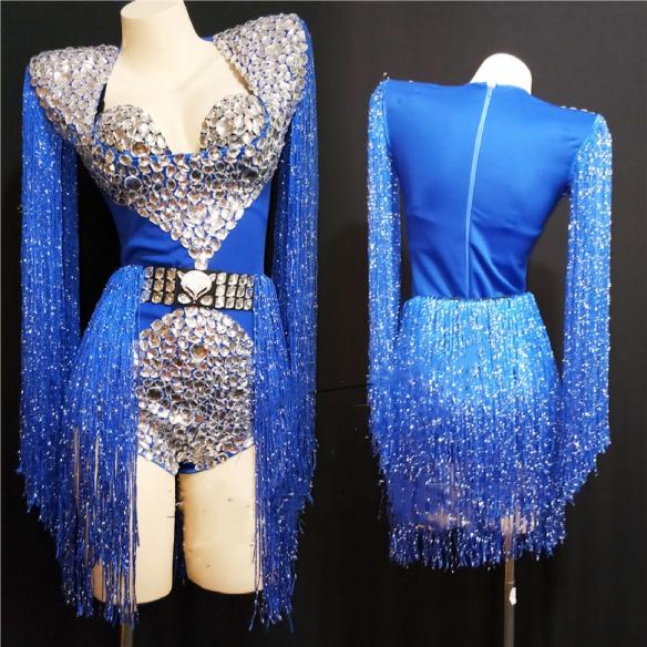 Red Long Fringe Crystallized Bodysuit(Handmade)