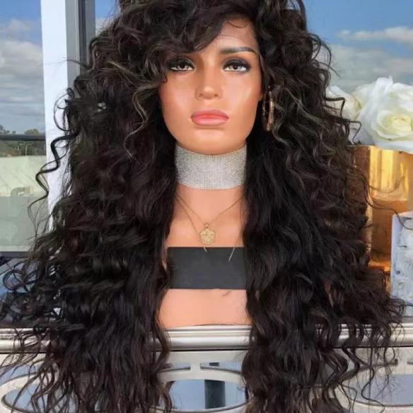 Natural black curly synthetic lace front wig