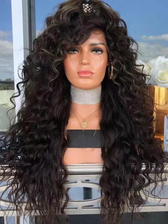 Natural black curly synthetic lace front wig
