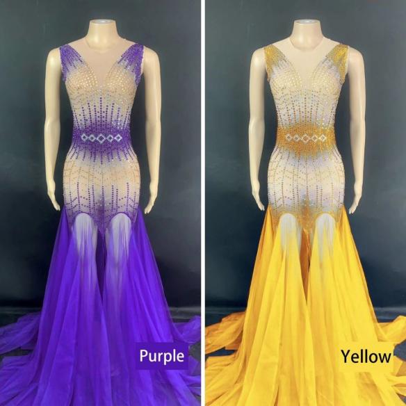 Various Colors Rhinestone Trailing Dress