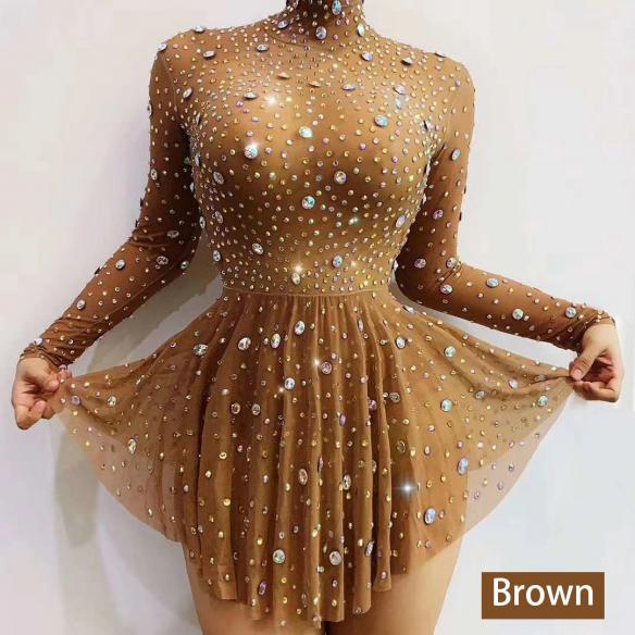 Multi- color Rhinestone Transparent Plicate Dress