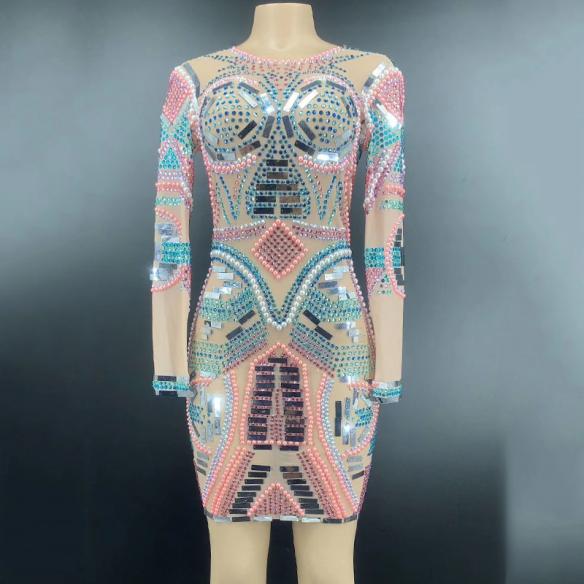Multi-Color Rhinestoned Long Sleeves Dress