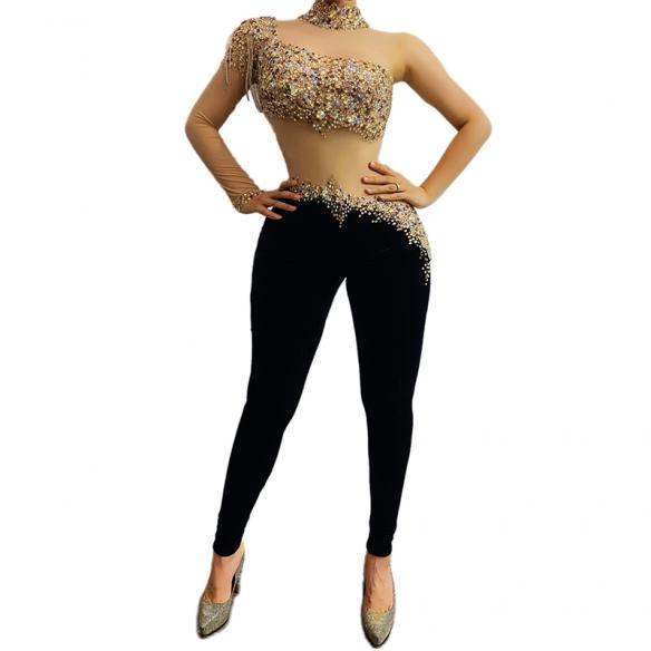 Half Nude and Half Black Shiny Bodysuit