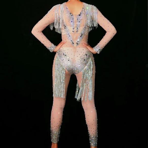 Silver Rhinestone Tassel Bodysuit