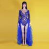 Blue Sequin Rave Fringe Mesh Trailing Bodysuit 