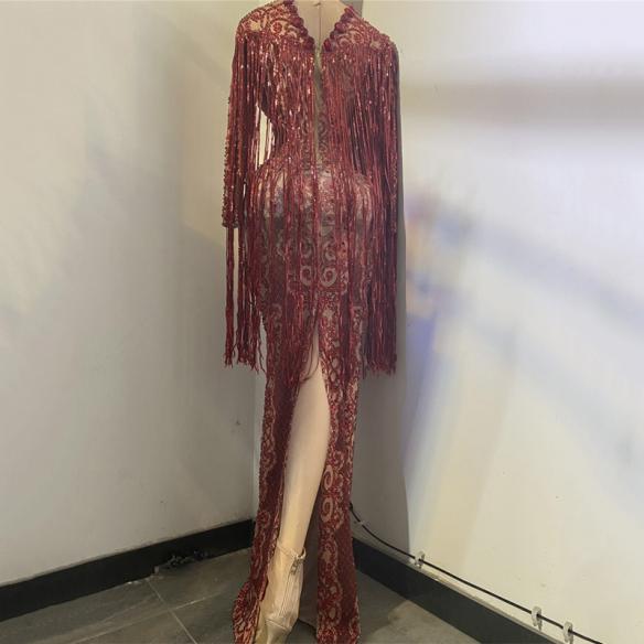 Grid Rhinestones Tassel Dress