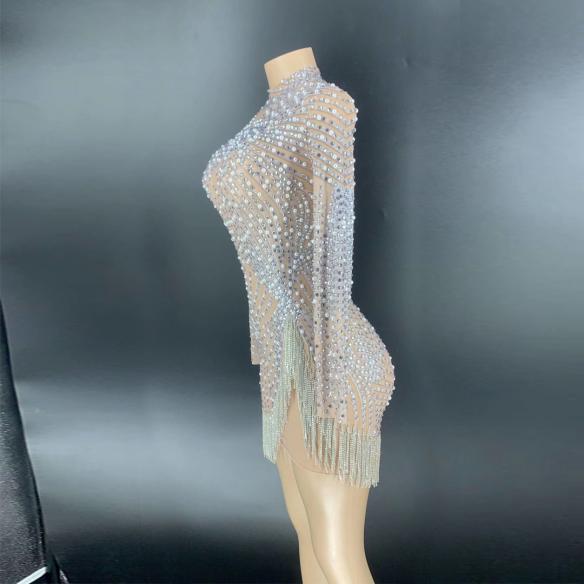 Rhinestone and Pearl High Split Short Dress 