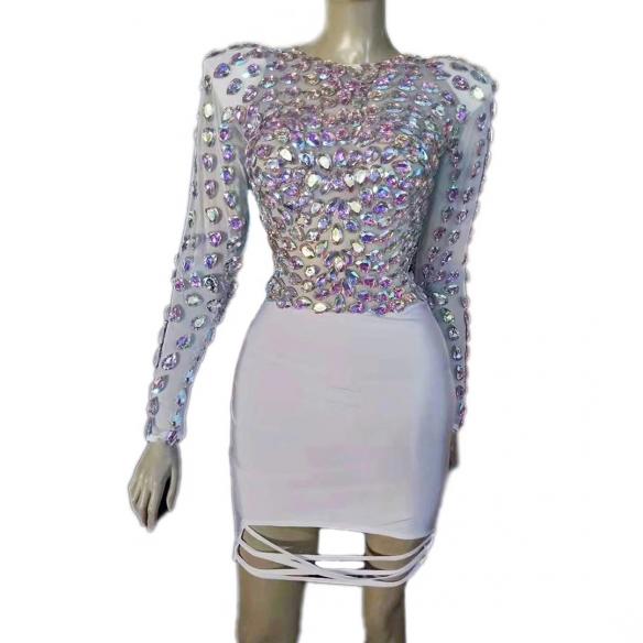 White Transparent Multi-color Rhinestones Short Dress