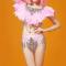 Pink Feather Shoulder Bling Rhinestones Fringe Bodysuit