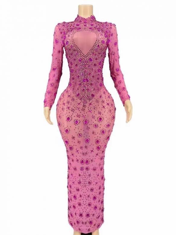 Red & Pink Rhinestone Long Dress