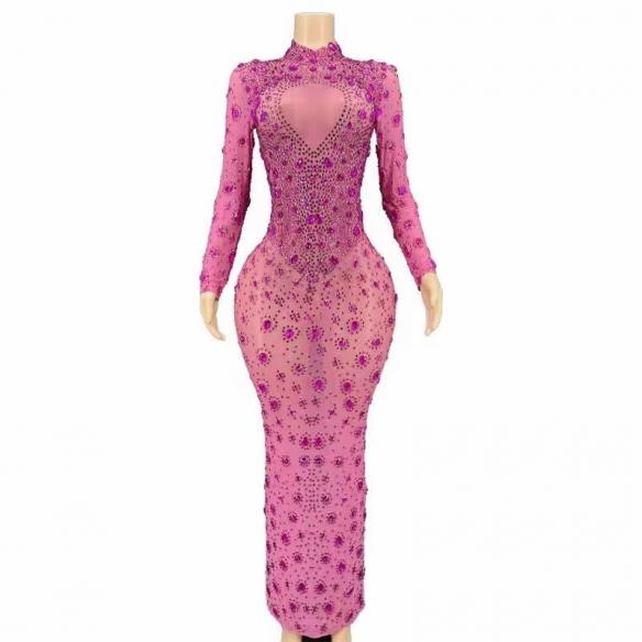 Red & Pink Rhinestone Long Dress