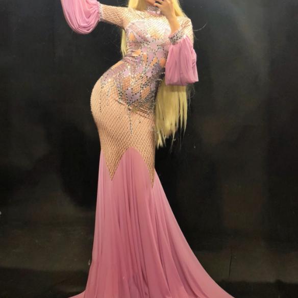 Pink Nude Rhinestones Maxi Dress