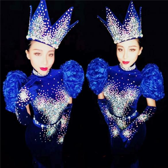 Blue Puff Sleeves Rhinestones Maxi Dress