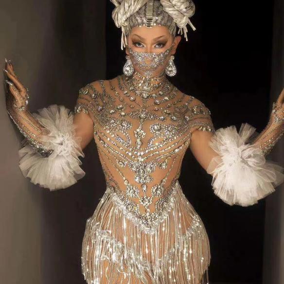 Sliver Tassel Rhinestone Leotard (includes gloves)