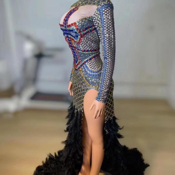 Full rhinestone feather fishtail dress