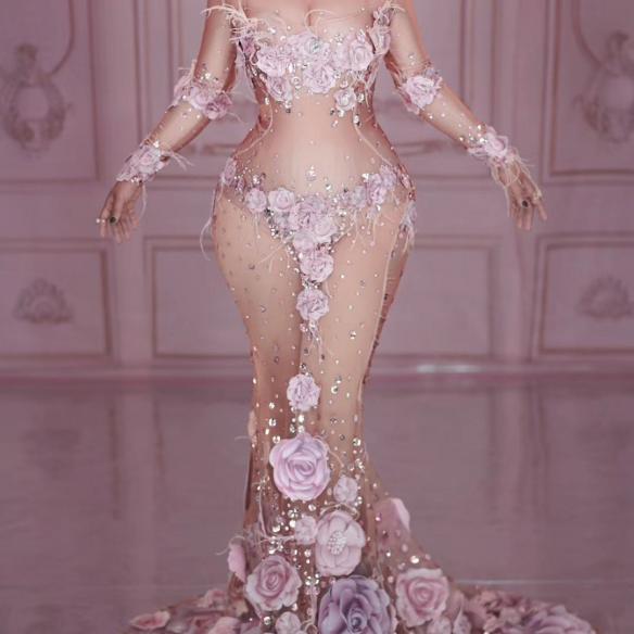 Pink Mesh Flower Rhinestone Fishtail Dress