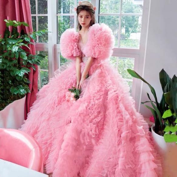 Custom Pink Mesh Trailing Dress