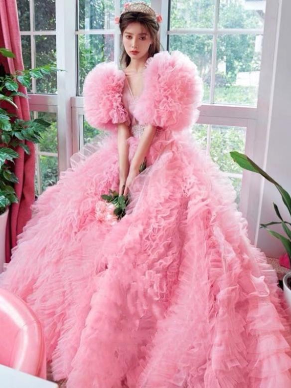 Custom Pink Mesh Trailing Dress