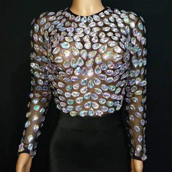 Black Transparent Multi-color Rhinestones Short Dress