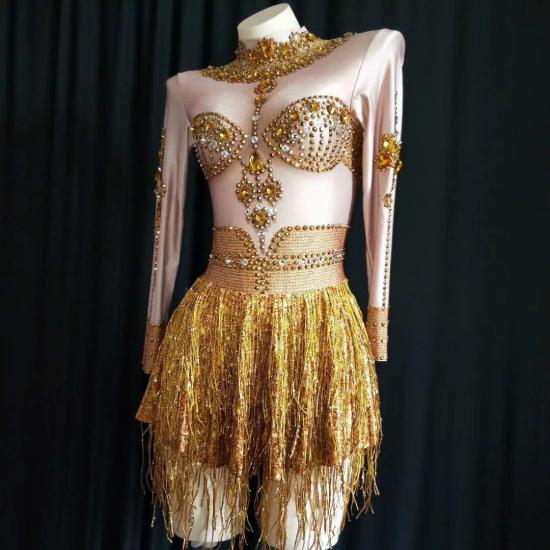 Gold Rhinestone Tassel Dress - Costumes - Raywigs