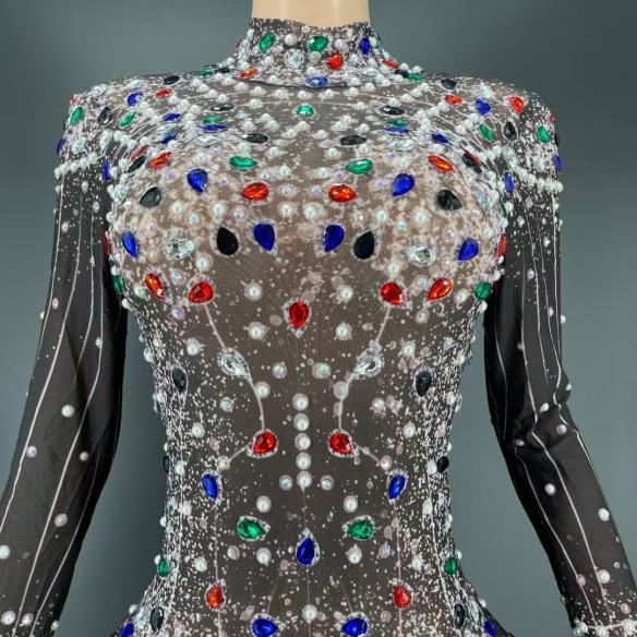 Black & White Long Rhinestone Dress