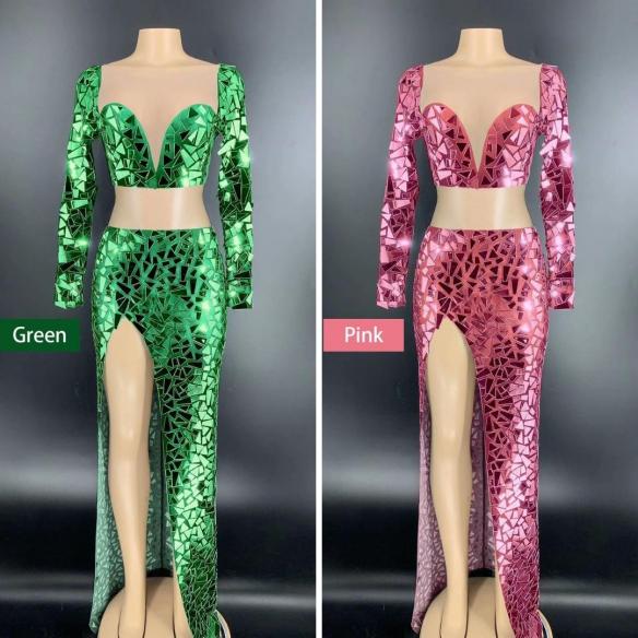 Mirror- like Silver High Split Two Pieces Dress