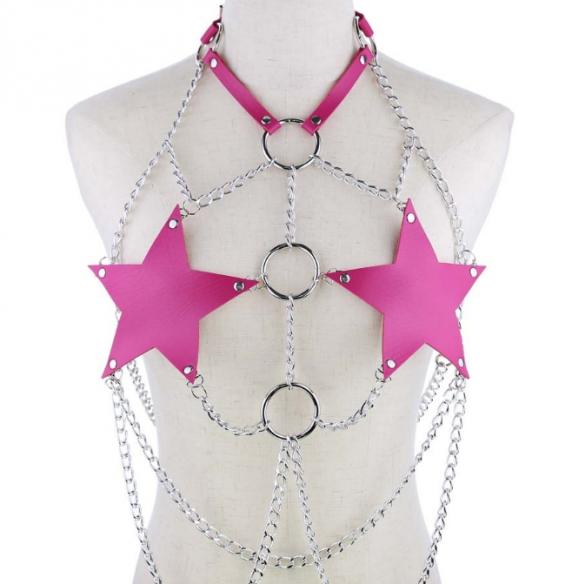 Pink Body Cage Harness Bra Metal Chain Rave Costume