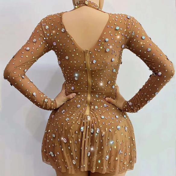 Multi- color Rhinestone Transparent Plicate Dress