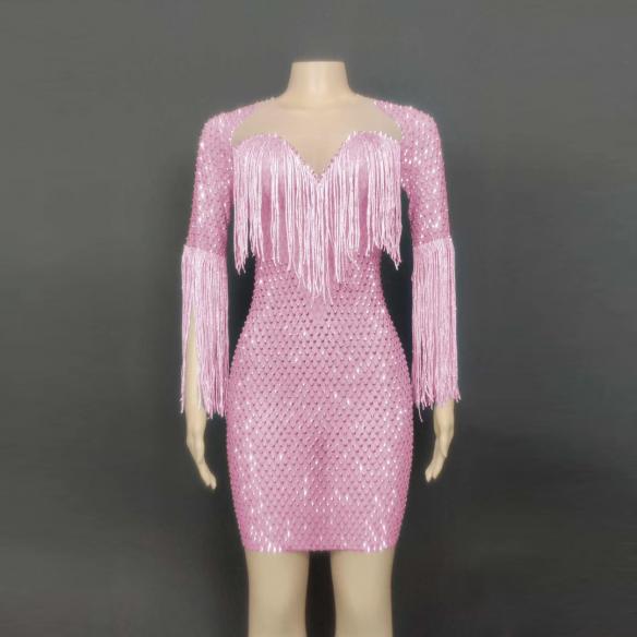 Purple Rhinestone Tassel Dress