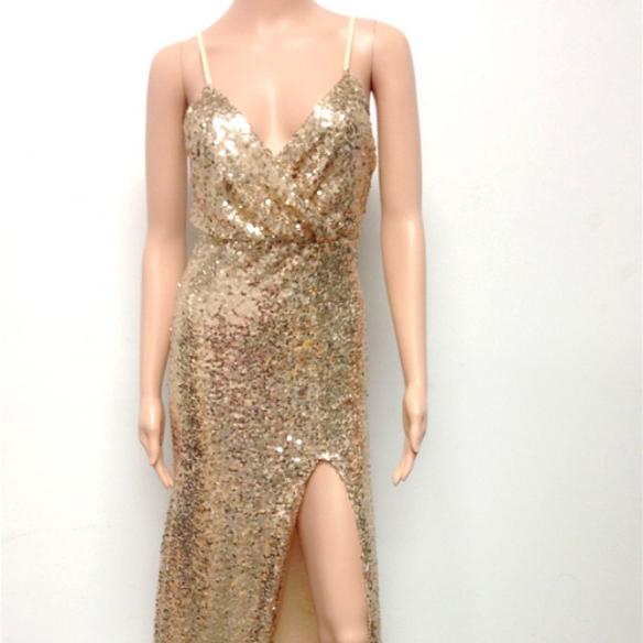 Golden Sequin Sling Formal Gown Party Dress