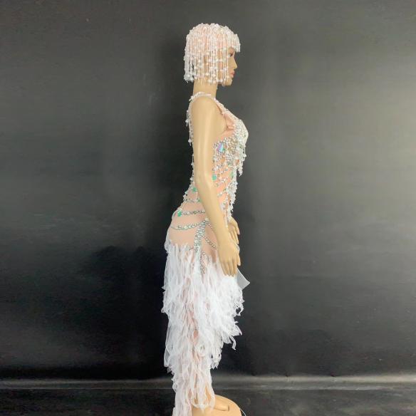 Skincolor White Bead High Split Trailing Dress