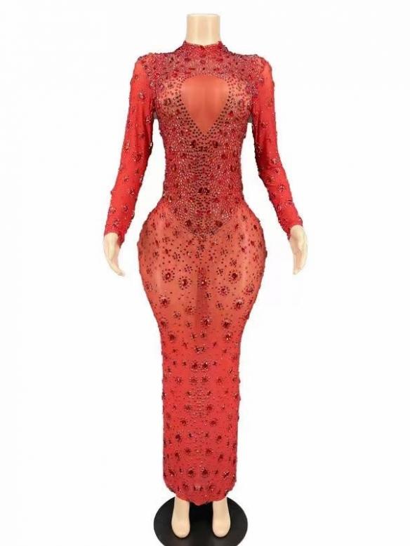 Red & Pink Rhinestone Long Dress