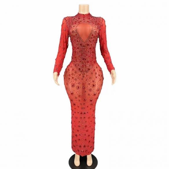Red & Pink Rhinestone Long Dress