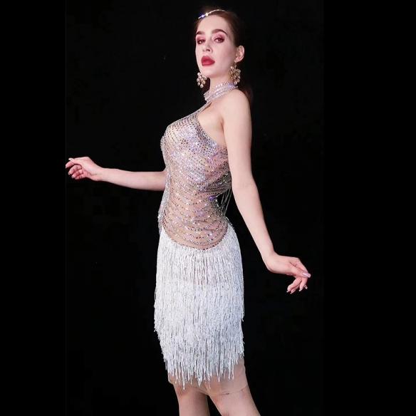 Flashing Sleeveless Rhinestones Fringed Dress