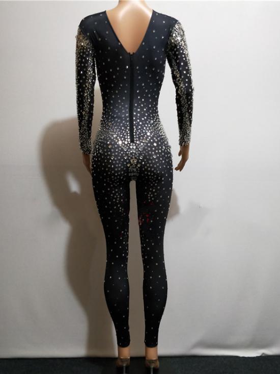 Black Rhinestone Rave Bodysuit Costumes Raywigs