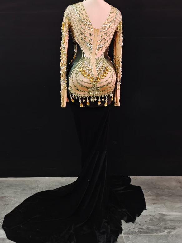Yellow Rhinestone Black Velvet Gown