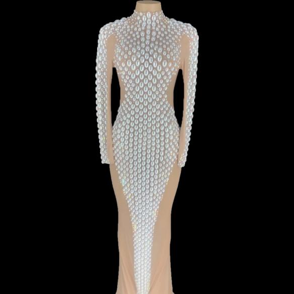 White Pearl Rhinestone Long Dress