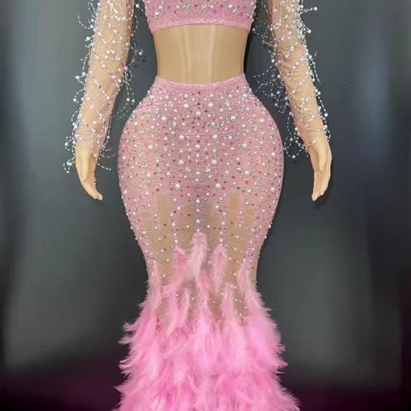 Customize Color Fringed Feather Long Dress