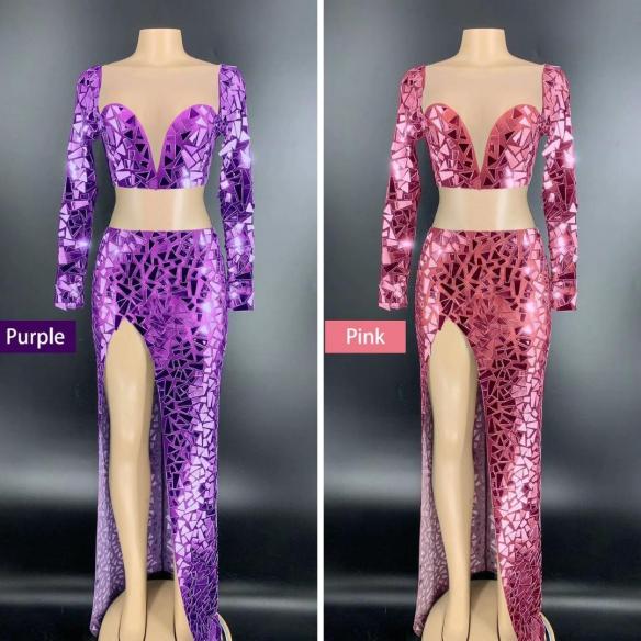 Mirror- like Silver High Split Two Pieces Dress