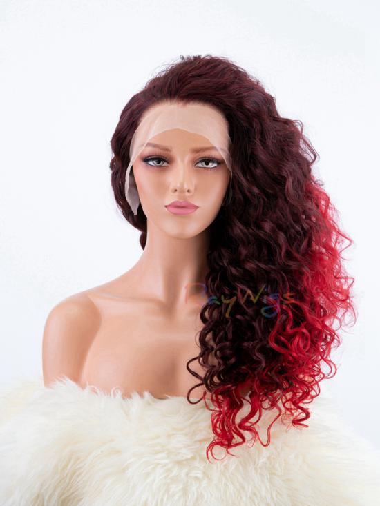 Dark Wine Red With Light Red Dip Dye Curly Wig Style