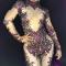 Purple Rhinestones Nude Rave Bodysuit