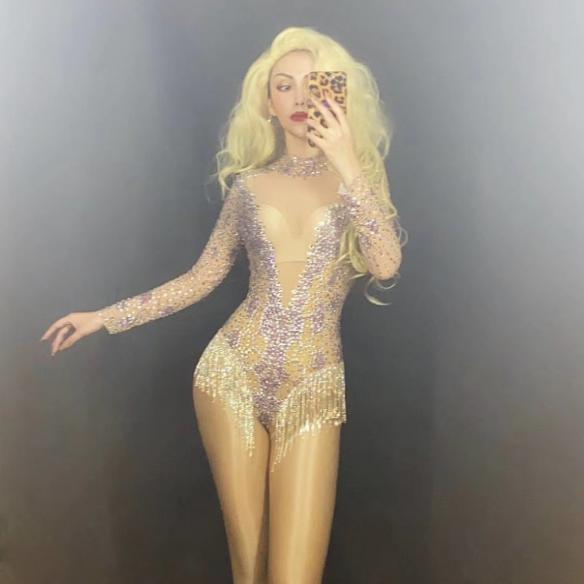 Purple Rhinestone Tassel Leotard