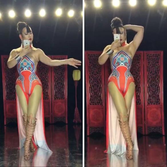 Red Blue Pattern Trailing Leotard